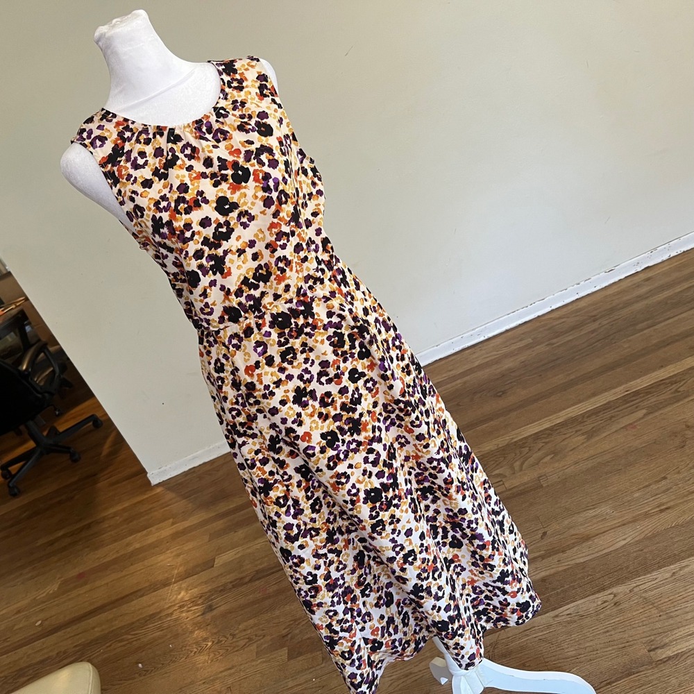 New Moon River Stamped Cheetah Creme Midi Dress Tie Back Purple Orange XS